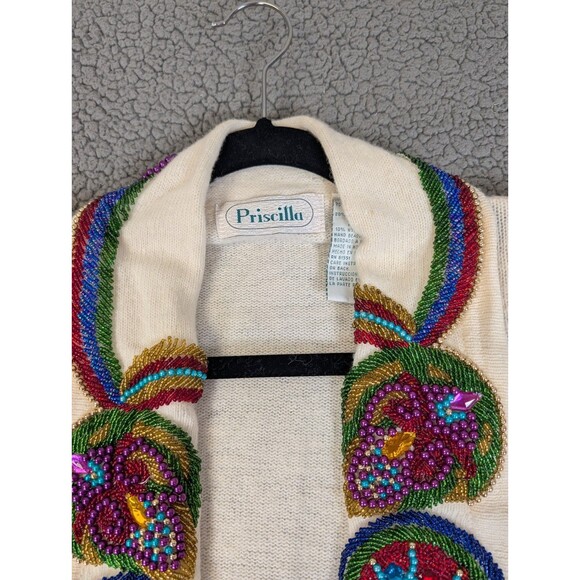 Vintage Priscilla Lambswool Sweater Size XL Cream With Sequin Angora 80's Beaded - Picture 14 of 16
